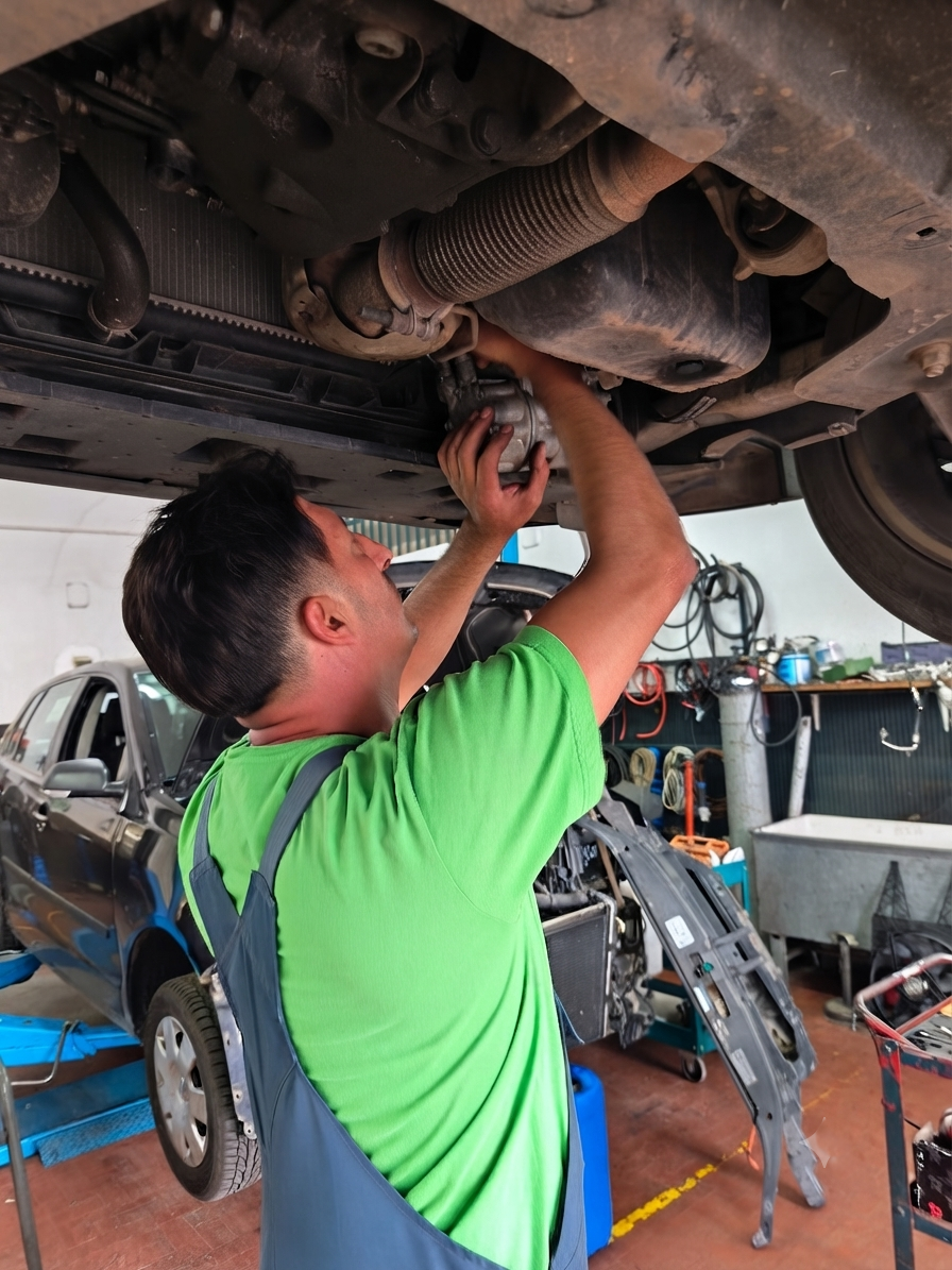 Meccanico con camicia verde al lavoro sotto un'auto sollevata in un'officina meccanica.
