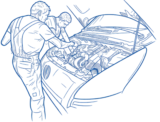 Due persone che ispezionano il motore di un'auto con il cofano aperto, disegnate con linee blu.