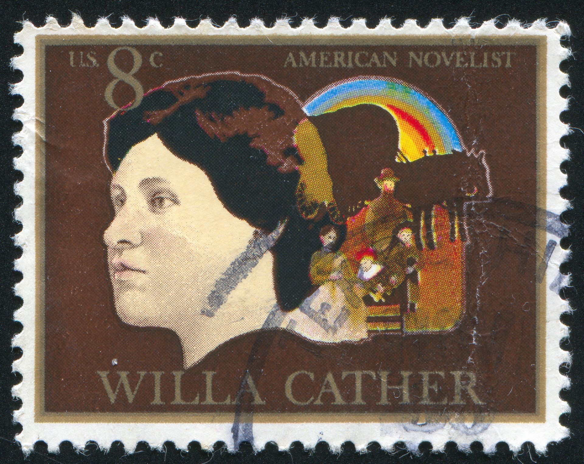 U.S. postage stamp of Willa Cather, American novelist, with a portrait and scene depicting her work.
