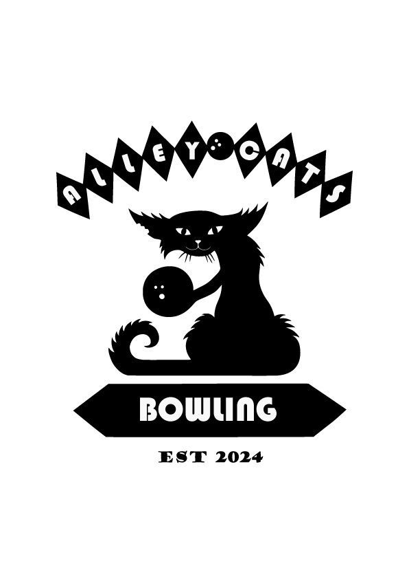 Black cat silhouette holding bowling ball, 