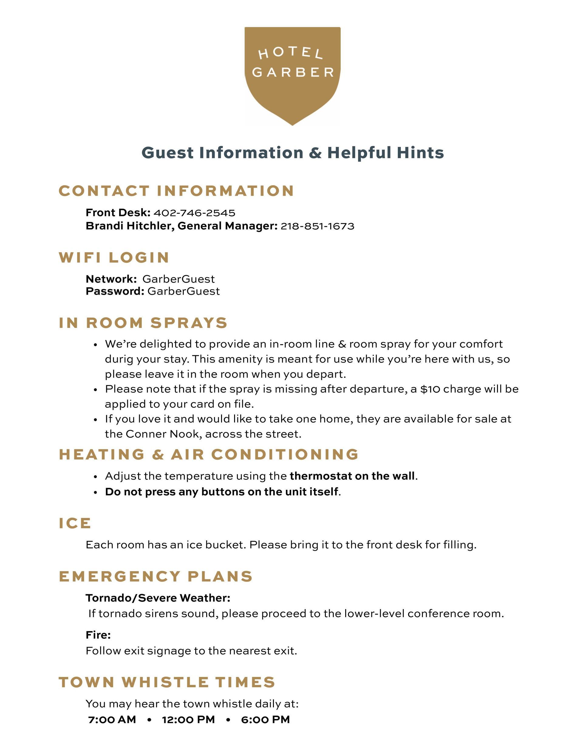 Guest information sheet with hotel contact, Wi-Fi login, and helpful hints.