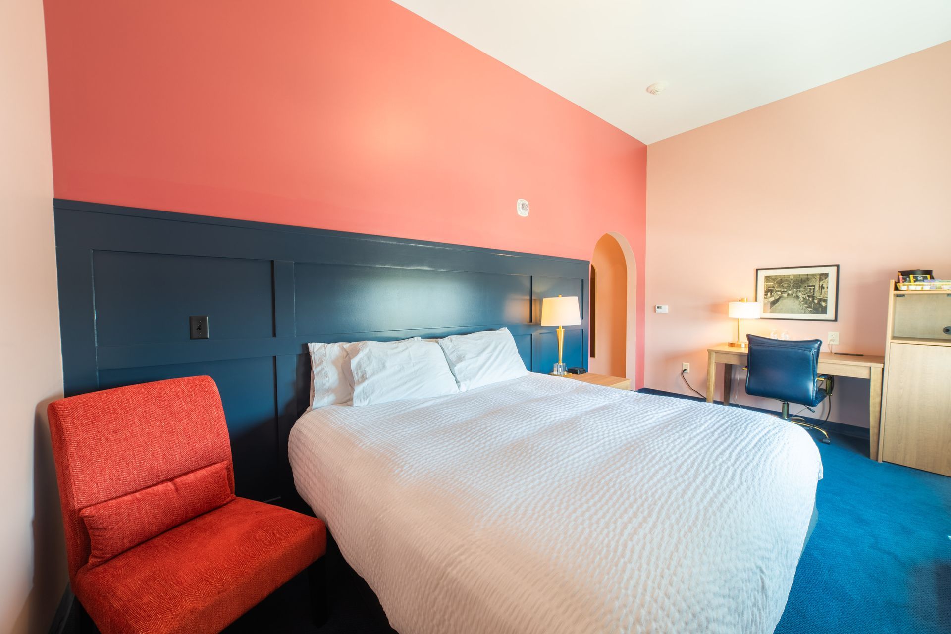 Hotel room with a white bed, coral walls, navy headboard, and blue carpet