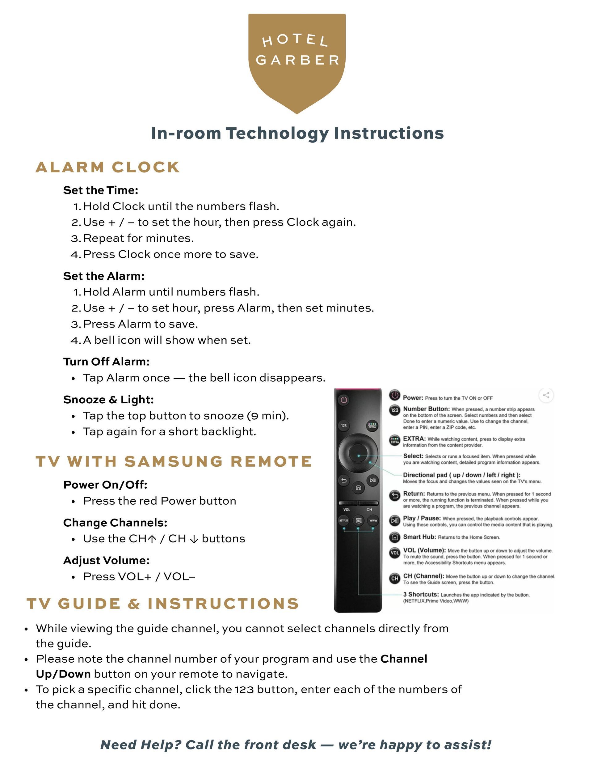 In-room technology instructions from Hotel Carrer, including alarm clock and TV controls.