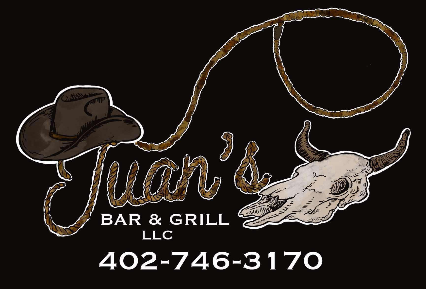 Juan's Bar & Grill logo with cowboy hat, lasso, steer skull, and phone number on black background.