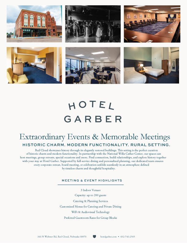 Hotel Garber event flyer with venue photos, meeting rooms, and wedding/reception spaces