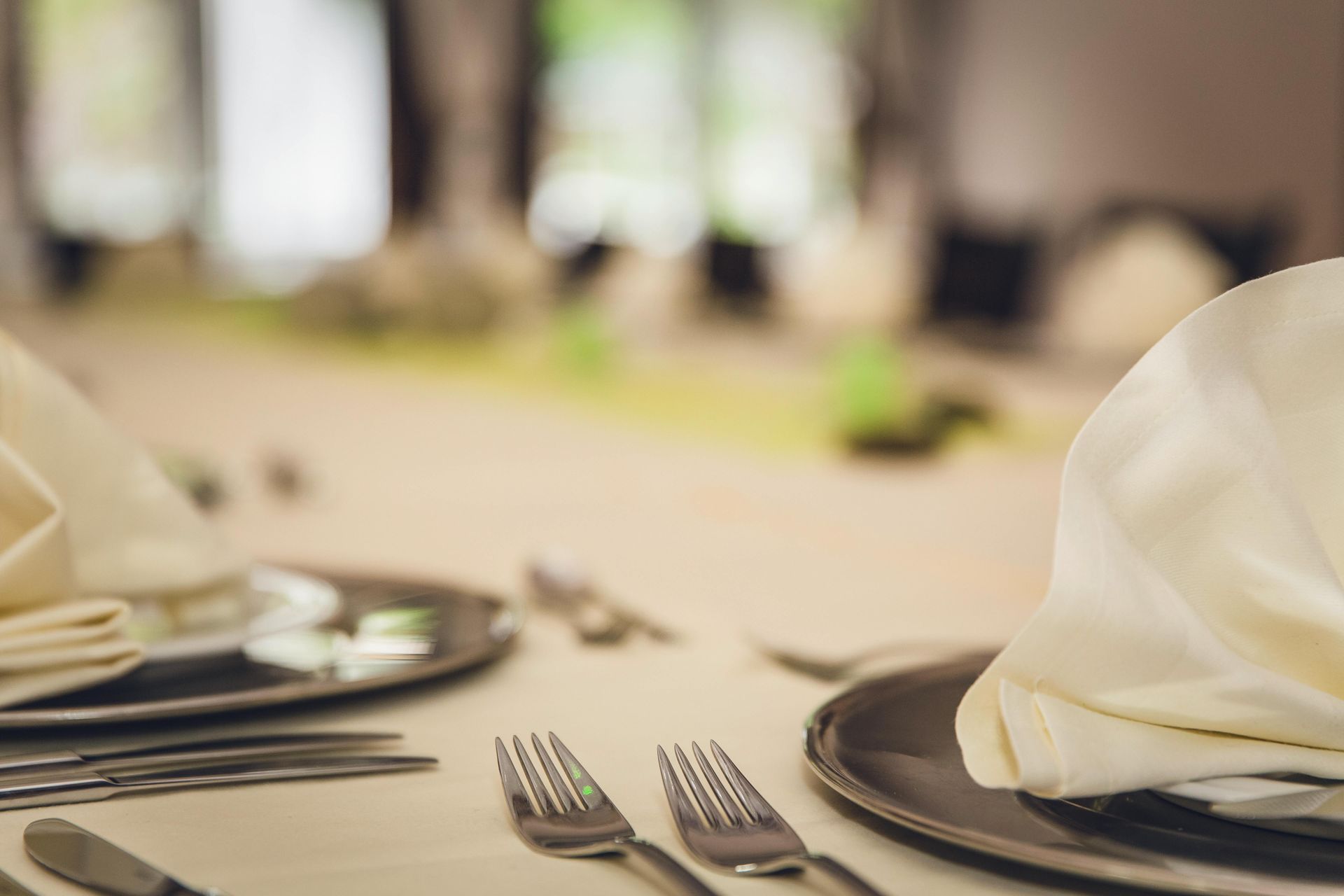 Table setting with plates, silverware, and folded napkins.