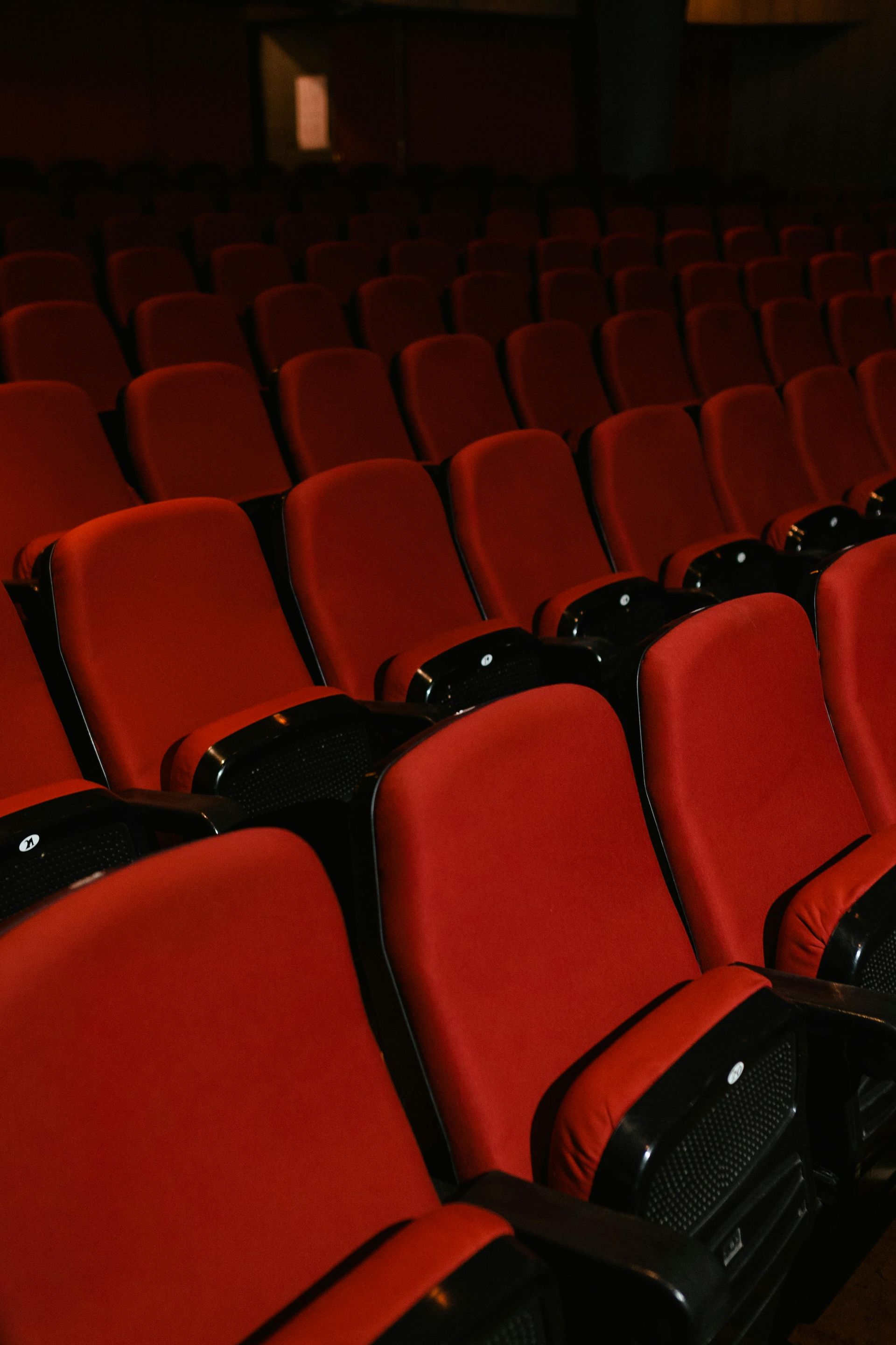 Rows of empty red theater seats in a darkened auditorium.