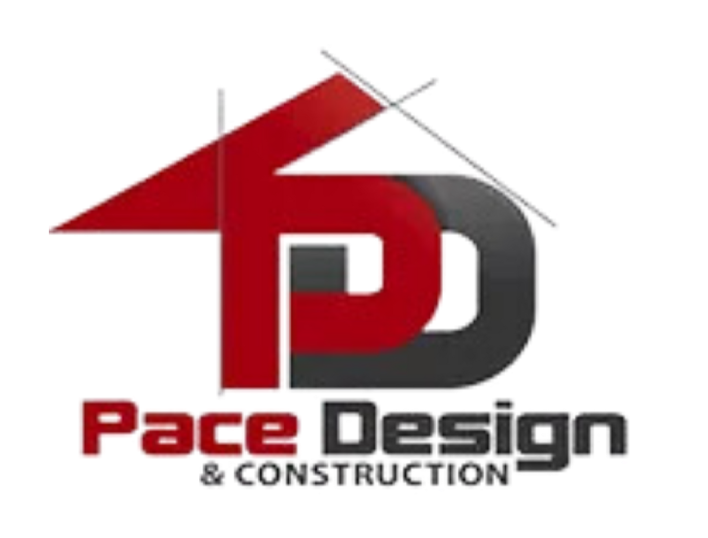 Pace Design & Construction logo with red and gray house roof and initials PD