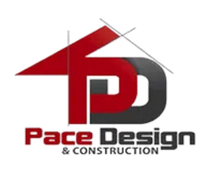 Pace Design & Construction logo with red and black stylized initials and a roofline graphic