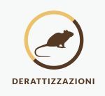 La sagoma di un ratto marrone all'interno di un cerchio. Il testo sottostante recita DERATTIZZAZIONI