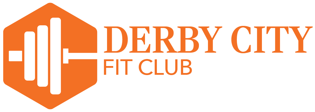 logo for Louisville gym Derby City Fit Club. Orange hexagon logo with barbell icon, “DERBY CITY FITNESS” text.
