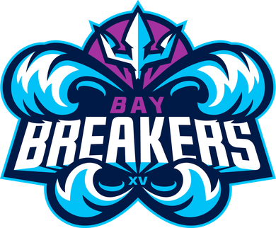 A blue and purple logo for the bay breakers