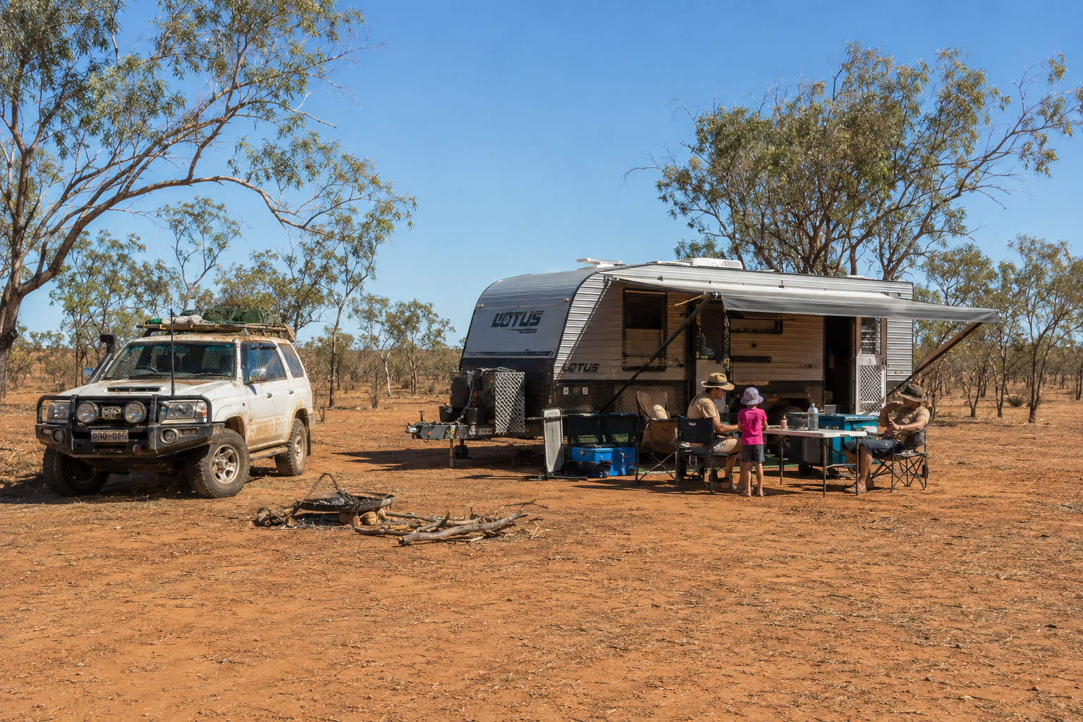 White 4WD and camper trailer in dry outback, with people gathered under an awning by the campsite