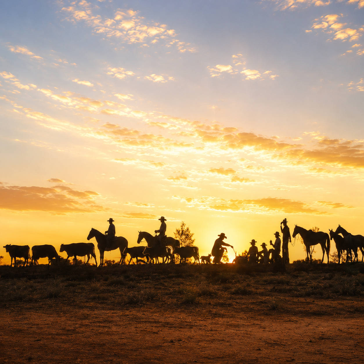 Silhouetted riders on horseback at sunset across an open plain, with golden sky and clouds