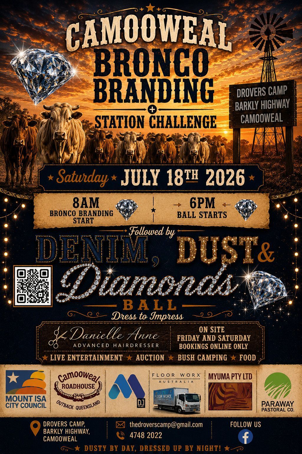 Bronze-and-black event poster for Camowea Bronco Branding Station Challenge and Denim, Dust & Diamonds Ball, July 18, 2026