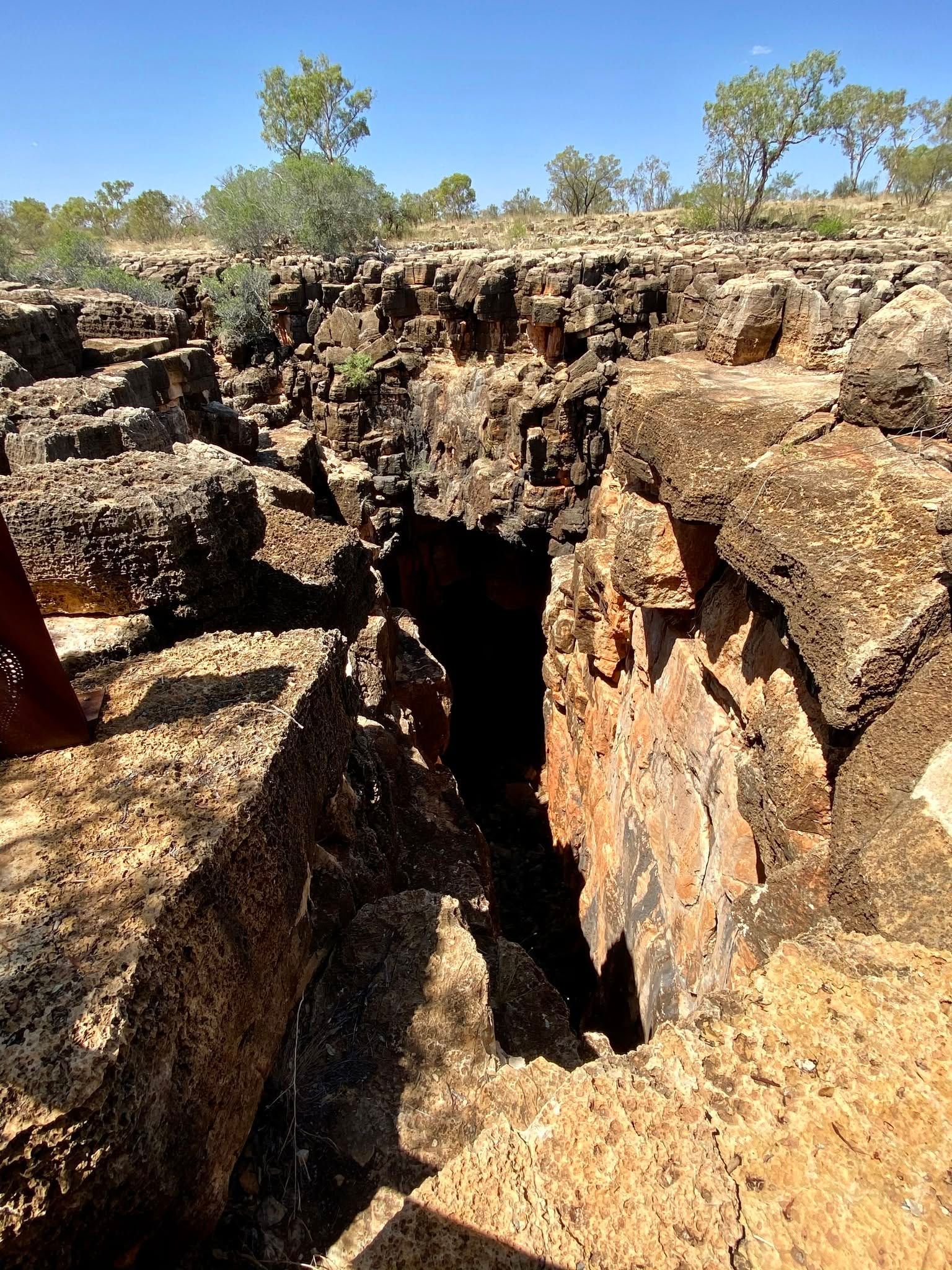 Rocky canyon with a deep narrow crevice and a few small trees under a clear blue sky.