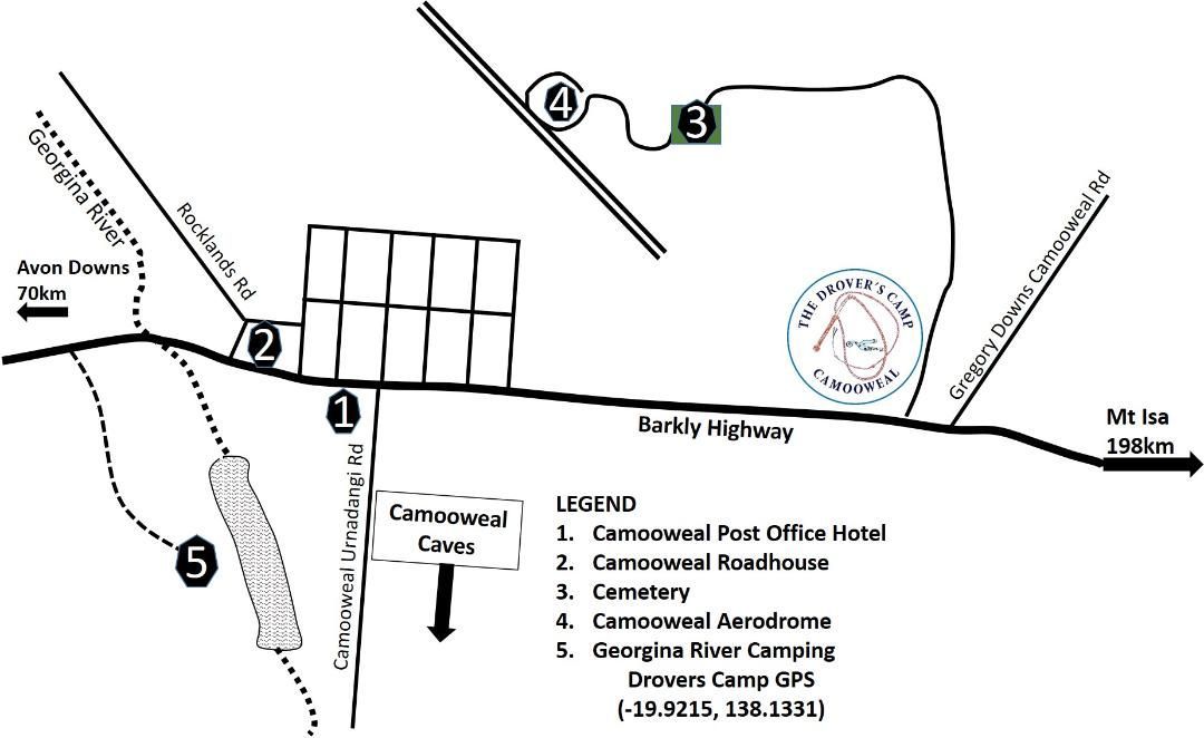Map showing a route to commercial park and campgrounds with numbered stops and road labels.