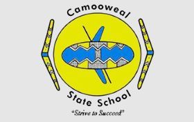 Camooweal State School logo with yellow oval, blue emblem, and motto “Strive to Succeed”