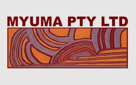 MYUMA PTY LTD logo with maroon text above an abstract orange, purple, and red patterned panel