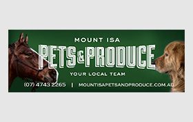 Mount Isa Pets & Produce banner with horse on left and dog on right, green background, contact details.