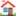 Small house icon with red roof and blue windows, showing a home on a white background