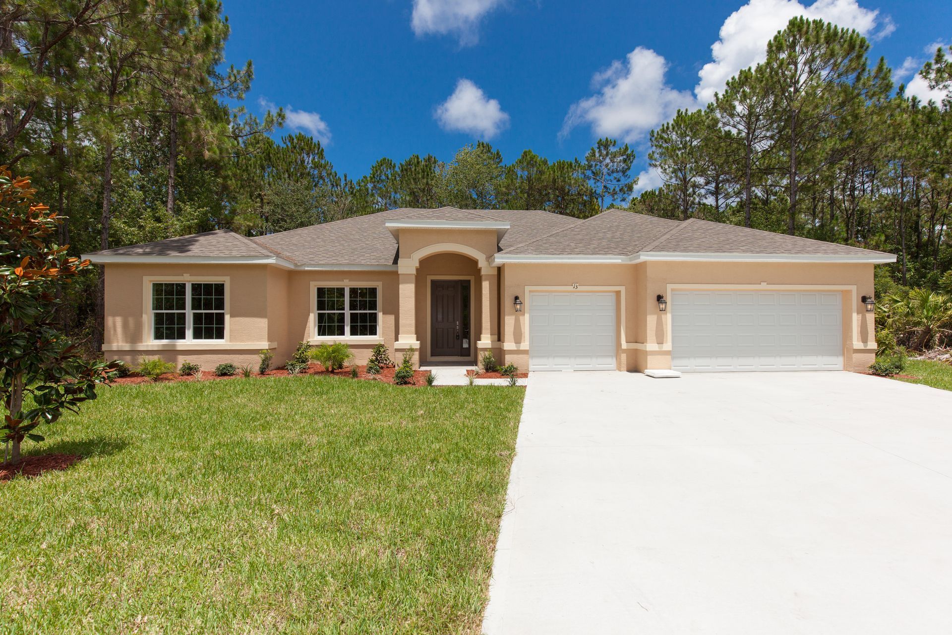 Single-story beige house with a two-car garage, front lawn, and tree-lined driveway under a blue sky