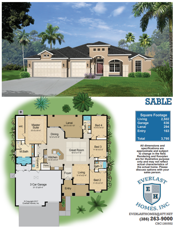 3-car tan stucco house exterior and floor plan with labeled rooms and Sable/Everlast Homes branding
