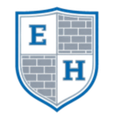 Blue and gray shield logo with white sections and the letters E and H over a brick pattern