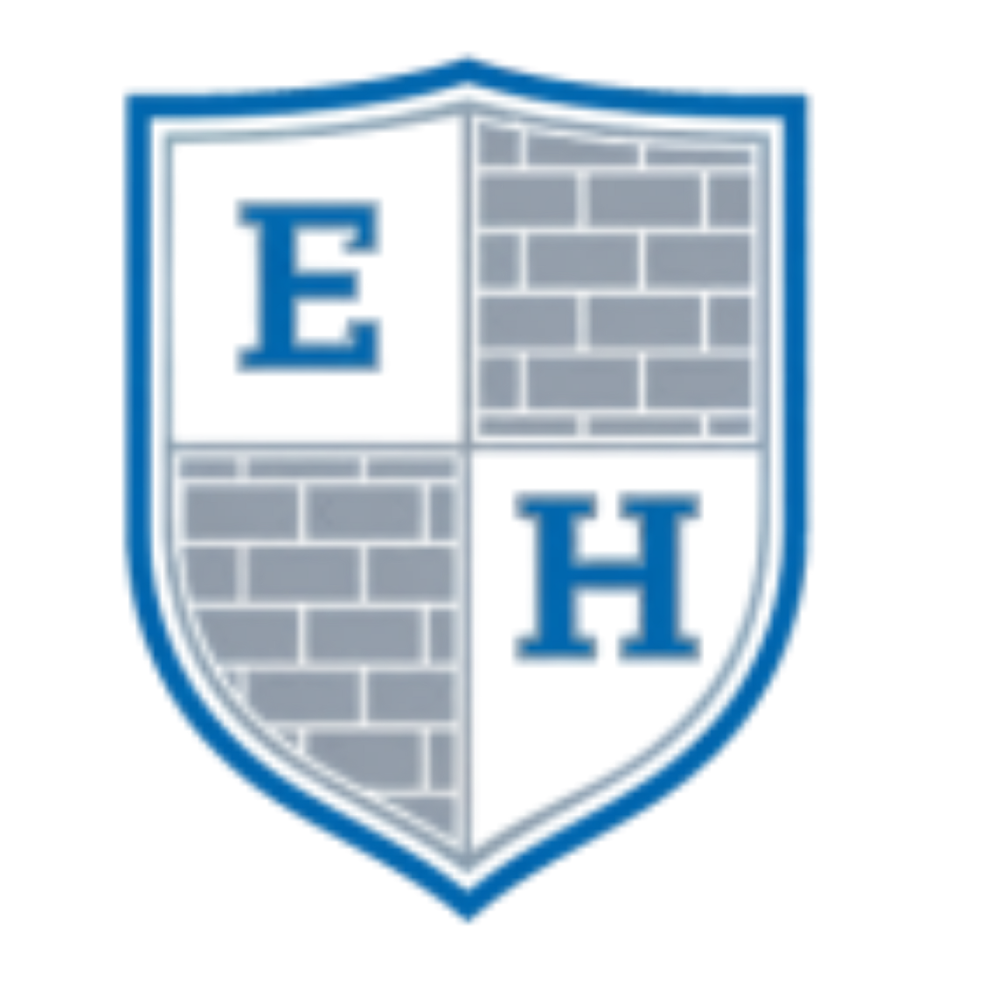 Blue and gray shield logo with white sections and the letters E and H over a brick pattern