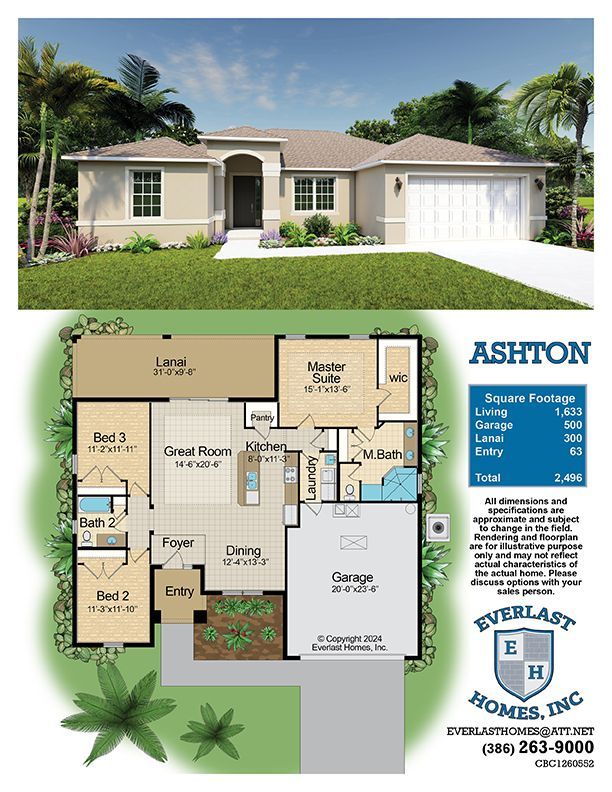Home exterior and floor plan for Ashton, a single-story house with 3 bedrooms and 2 baths.