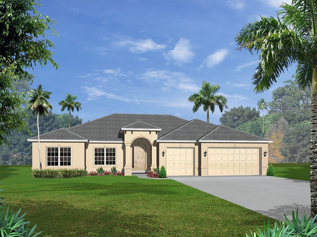 Single-story beige house with two-car garage, driveway, palm trees, and green lawn under a blue sky