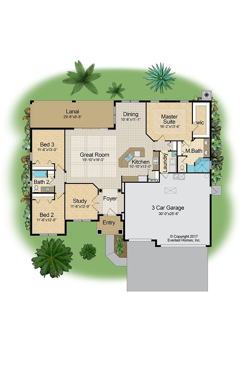 Colored floor plan of a house with labeled rooms and surrounding trees