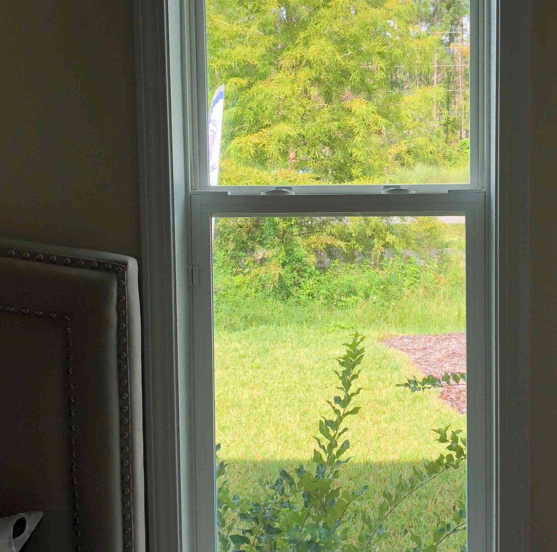 Window view of a green yard with trees and flowering bushes, framed by an indoor chair and window trim