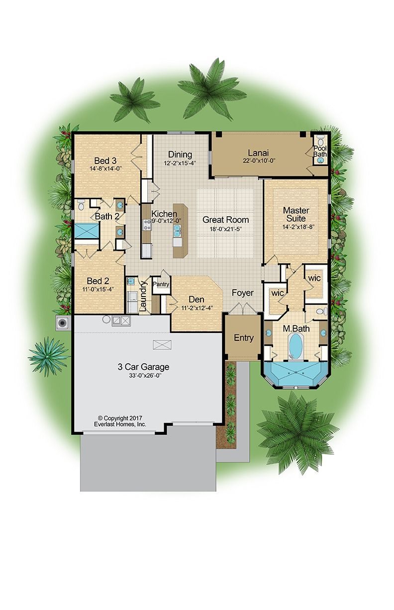 Top-down house floor plan with rooms labeled, beige interior, gray garage, and green landscaping.