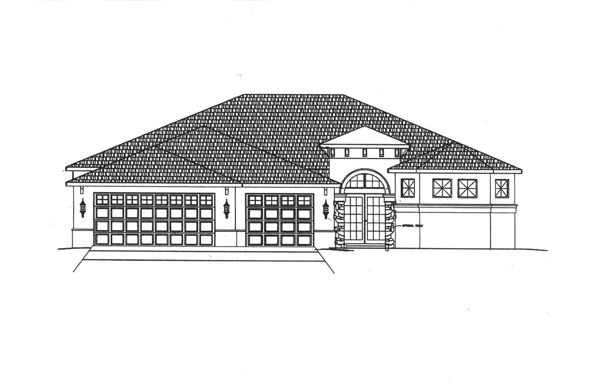 Black-and-white sketch of a single-story house with a tiled roof, garage, and front gate.
