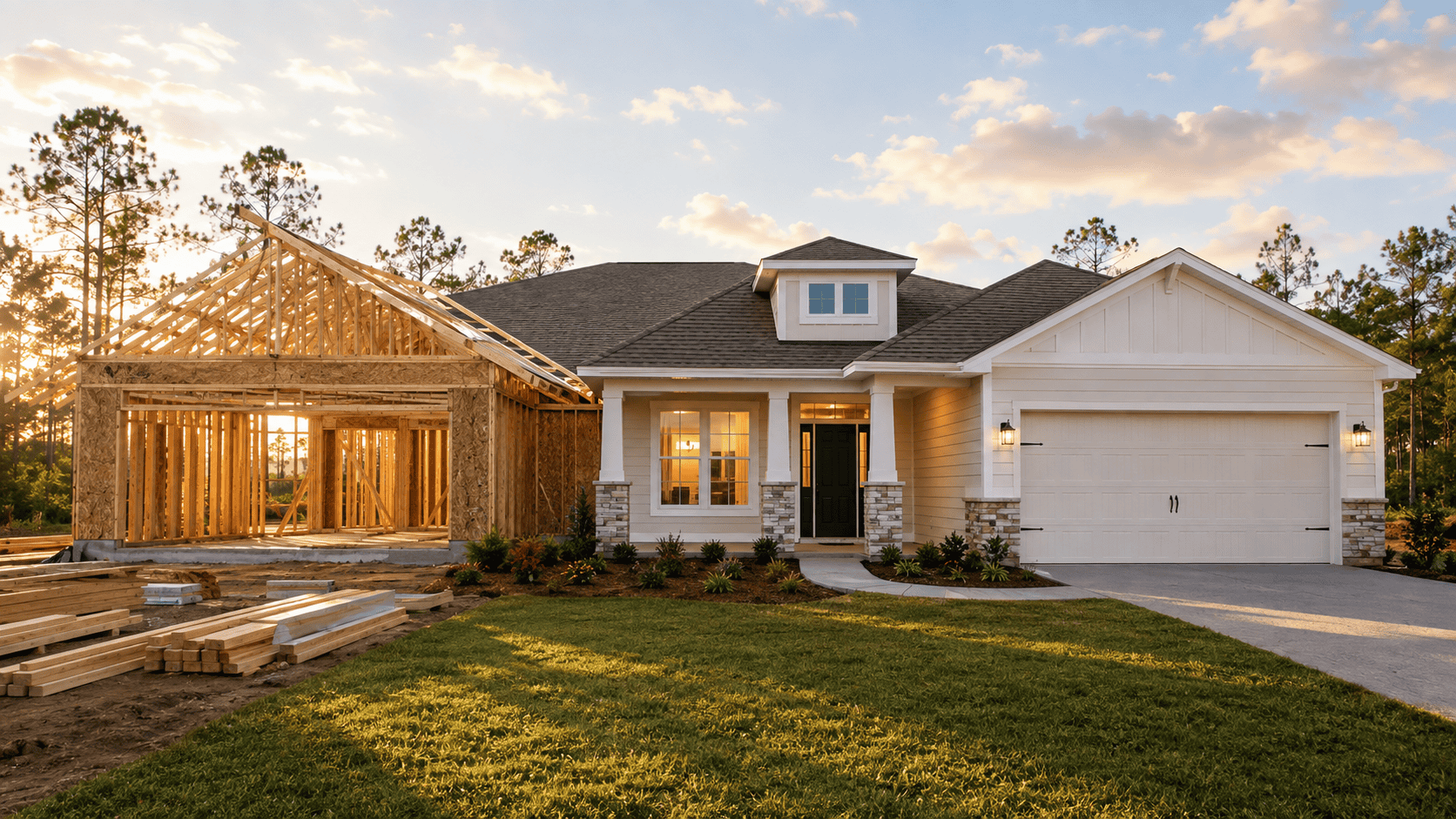 Suburban two-story beige house with white trim, front porch, garage, and landscaped lawn.