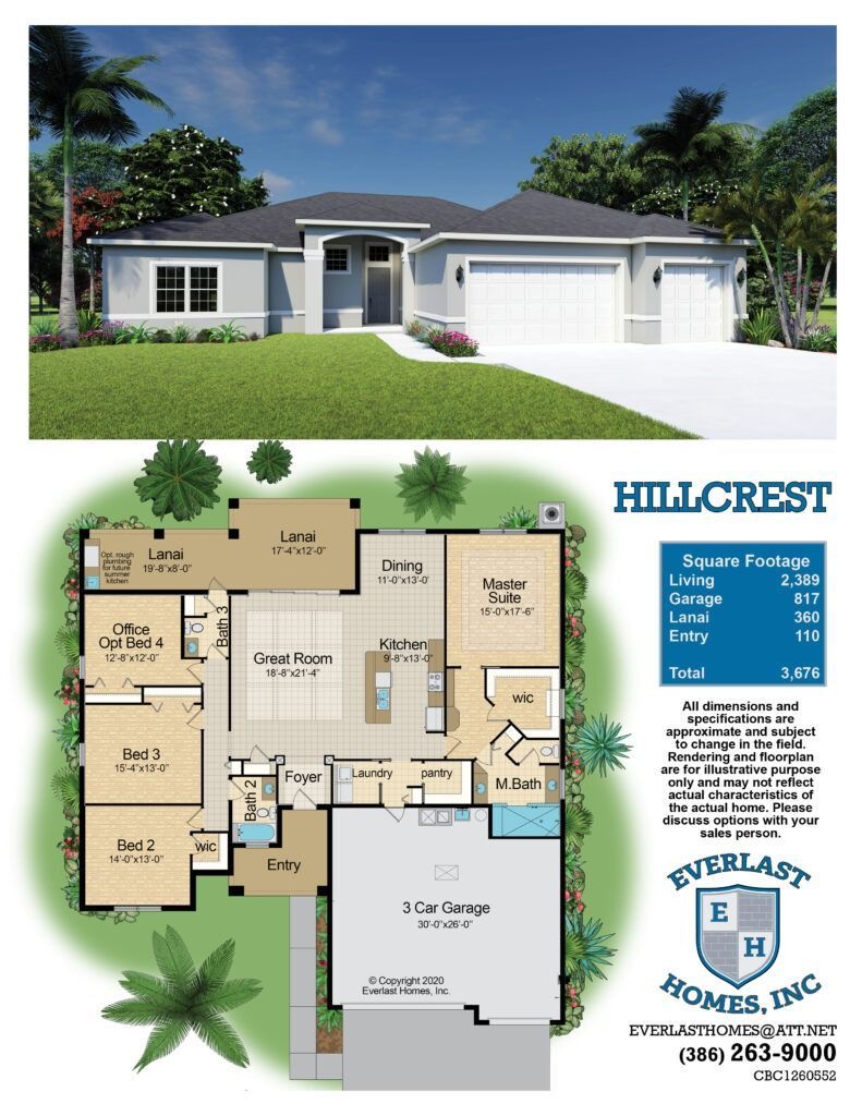 House rendering with single-story exterior and a detailed floor plan labeled Hillcrest.