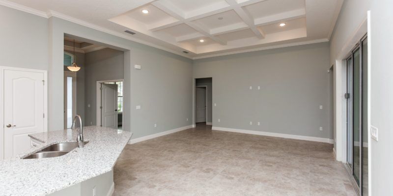 Spacious empty living room with gray walls, tray ceiling, carpet, and a kitchen island in the foreground