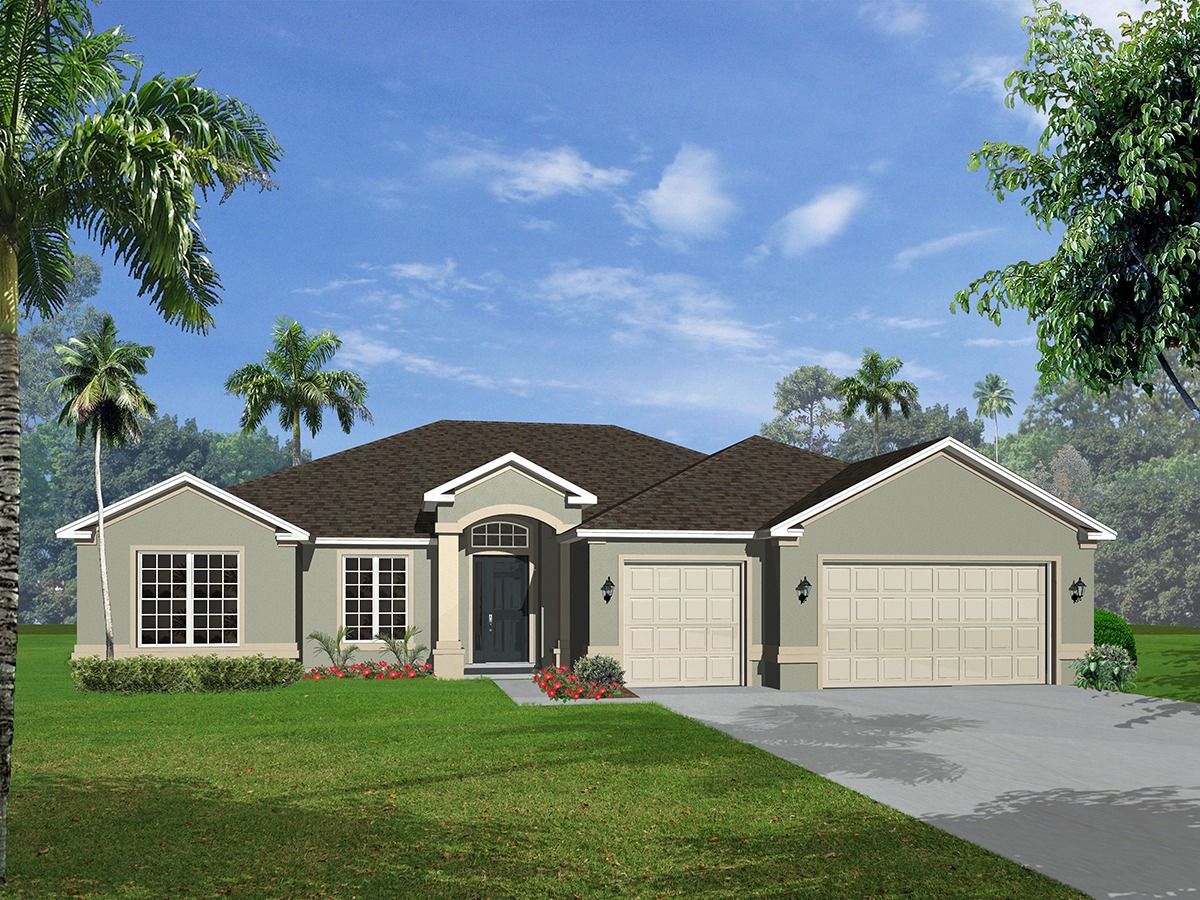 Single-story beige house with a dark roof, front lawn, and two-car garage under a blue sky