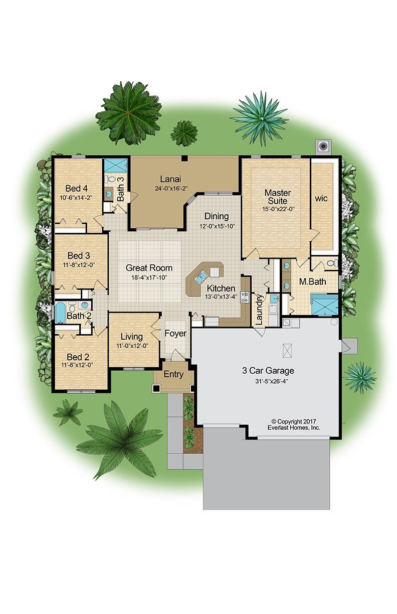 Top-down floor plan of a single-story house with rooms, garage, and surrounding landscaping.