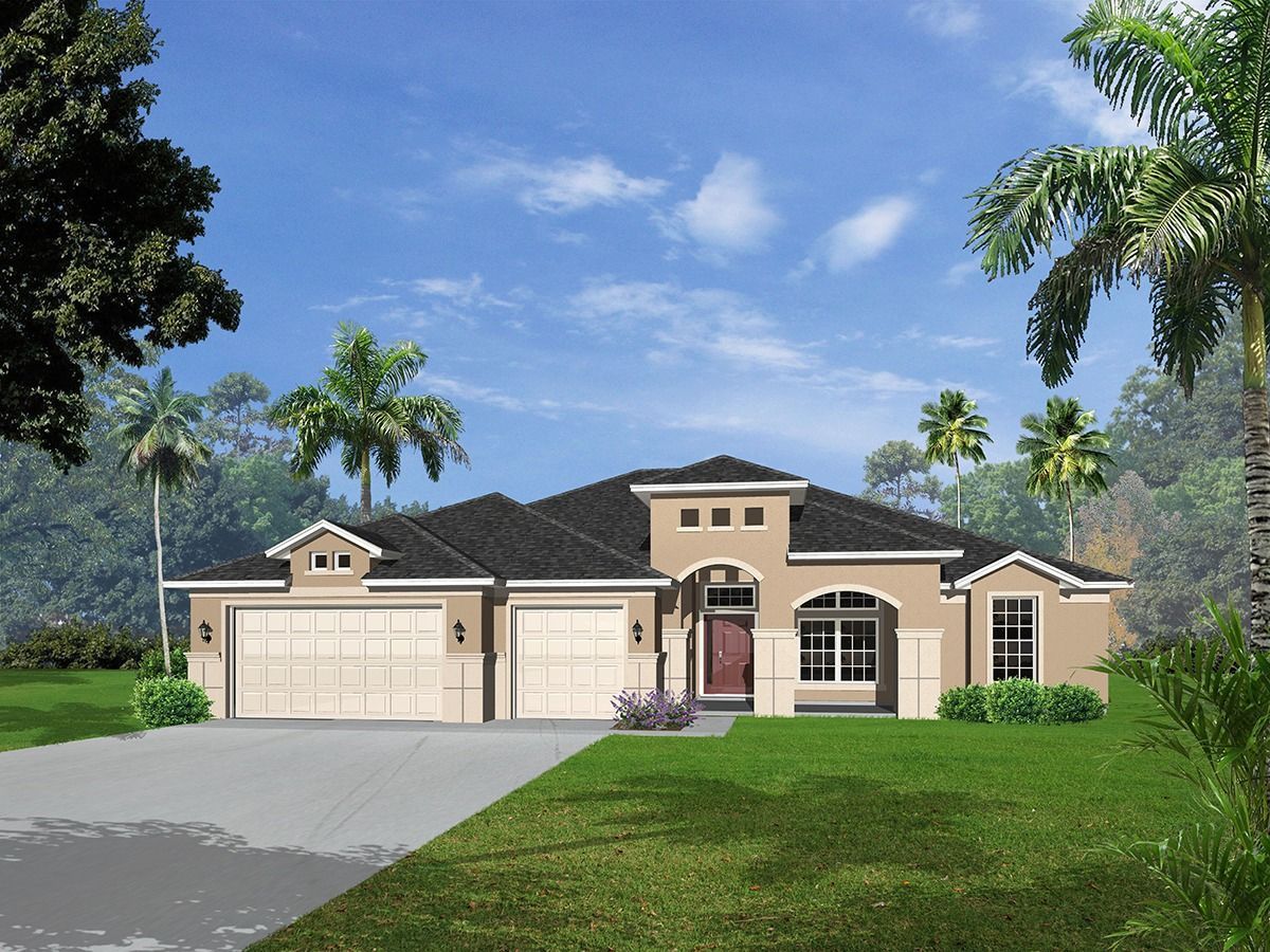 Suburban single-story beige house with a three-car garage, driveway, and green lawn under a blue sky