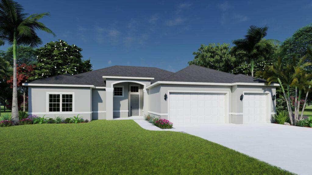 Modern white house exterior with gray roof and a clear blue sky