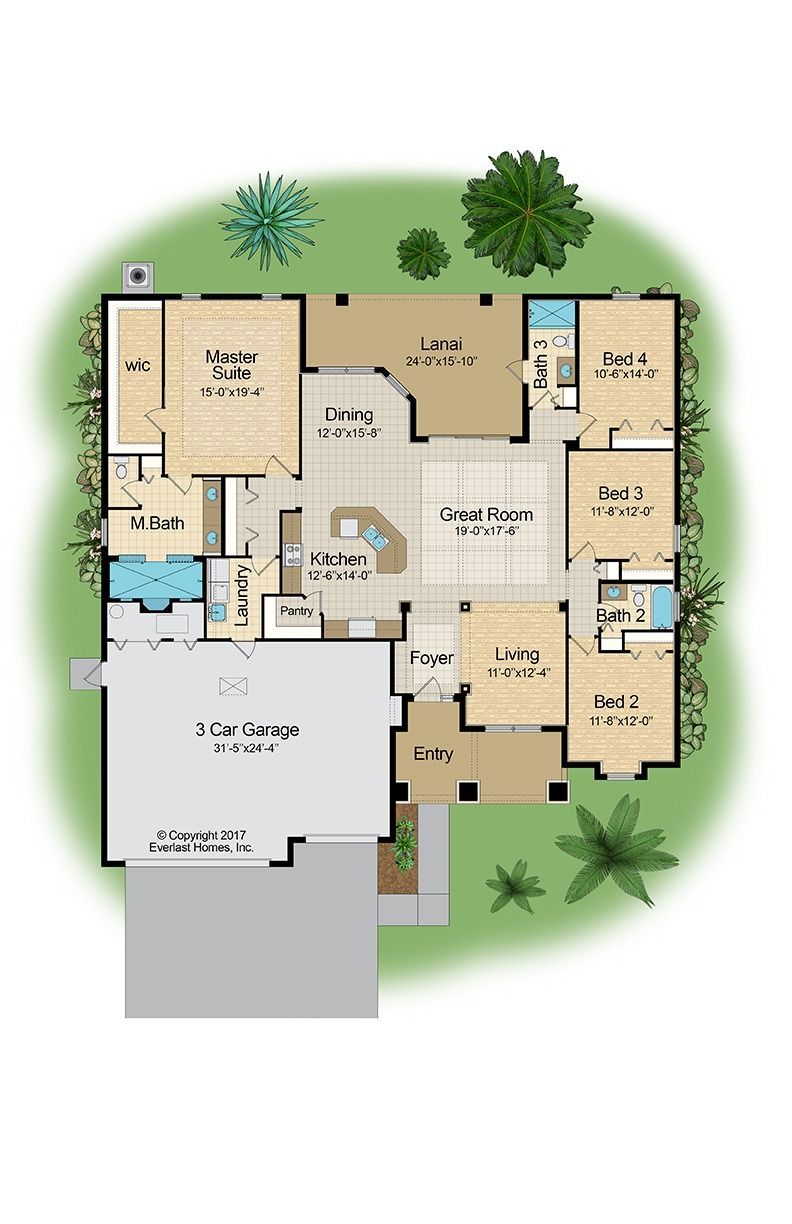 Color-coded house floor plan with labeled rooms, garage, and surrounding trees on a white background