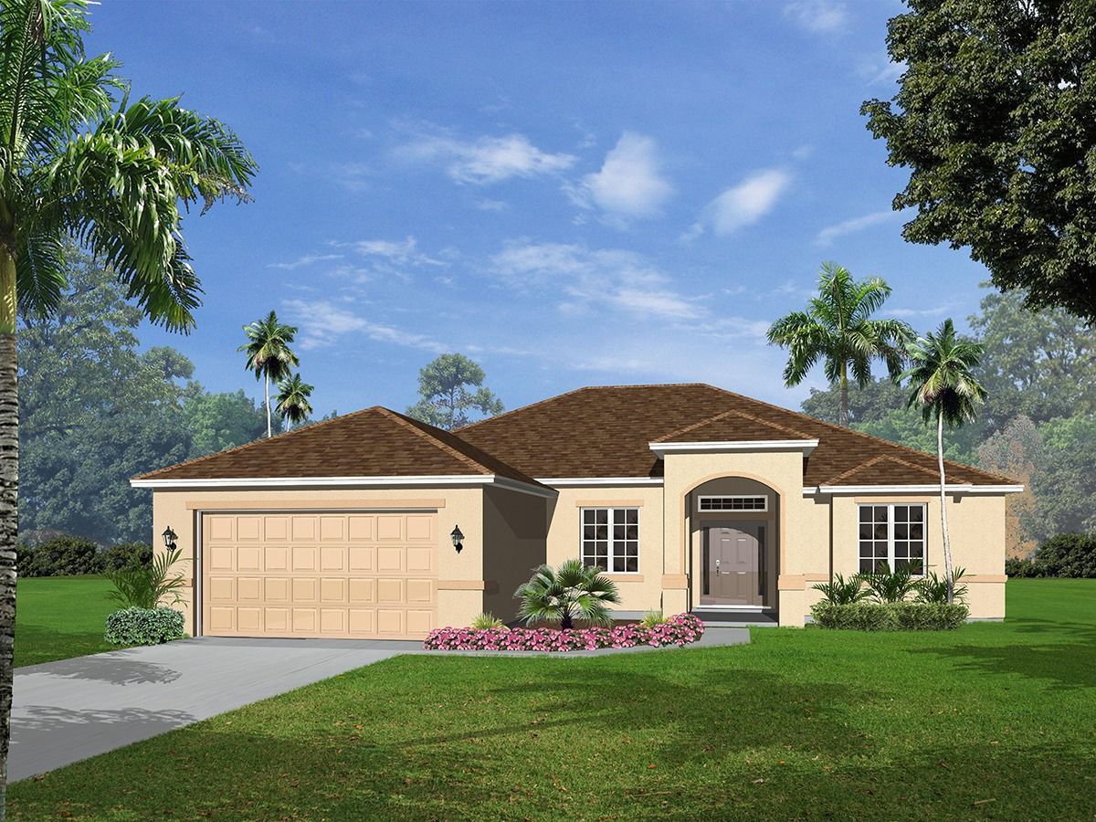 Single-story beige house with a two-car garage, front porch, and green lawn under a blue sky.