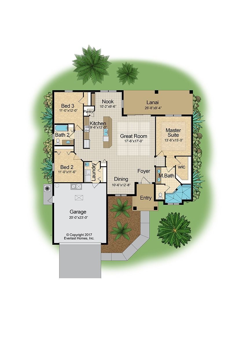 Top-down house floor plan with labeled rooms, garage, and surrounding trees.