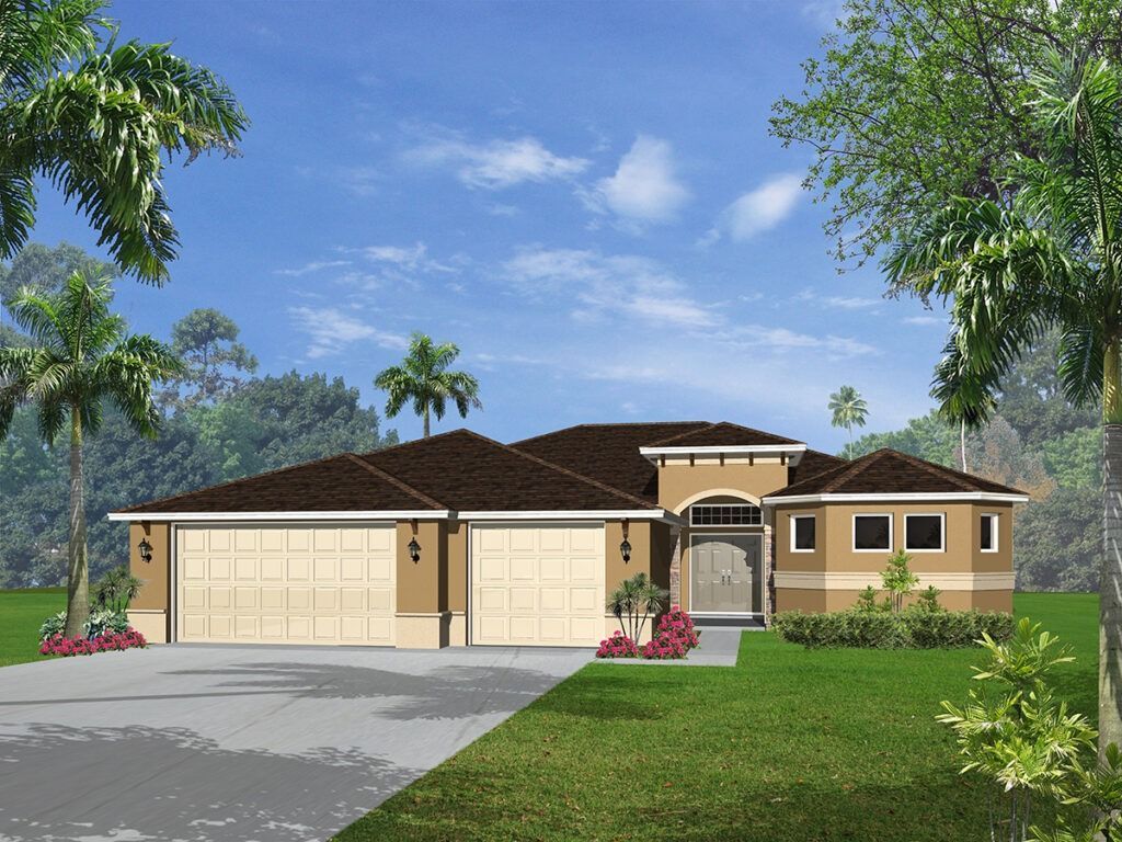 White house with gray roof and garage, new concrete driveway, and fenced construction area in front