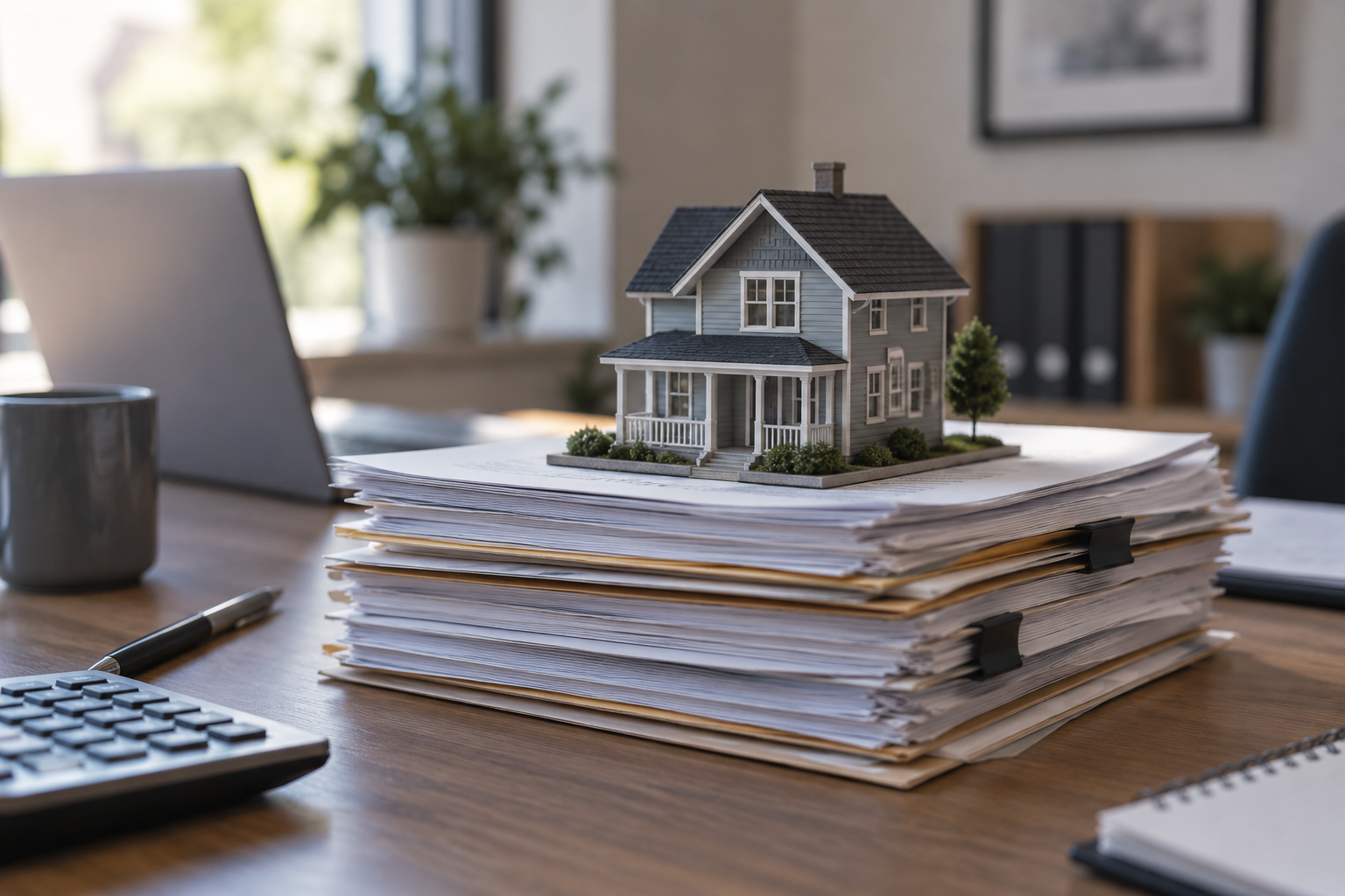 A stack of documents with a model house on top