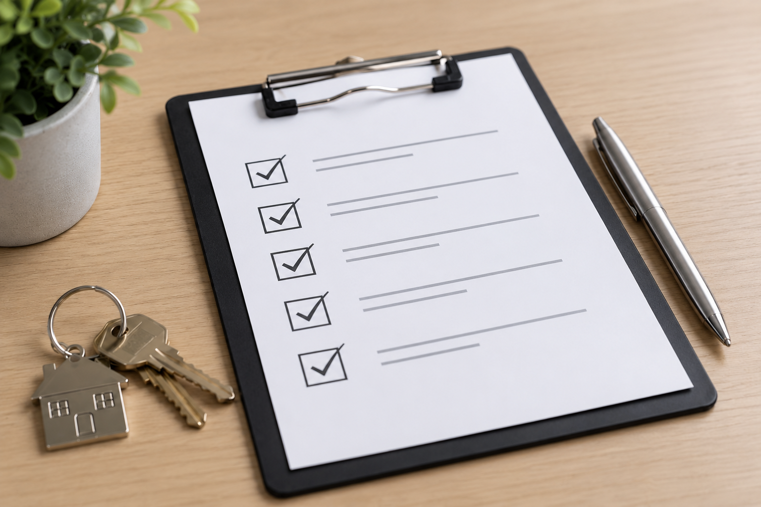 A checklist with house keys and a pen
