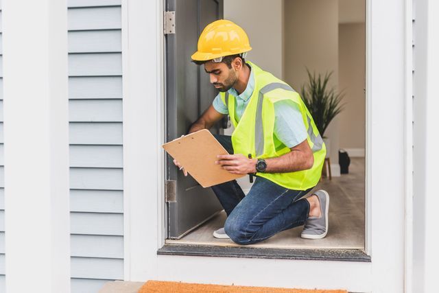 a home inspector in a yellow hardhat looking at a doorway