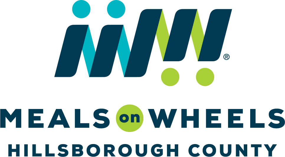 Meals on Wheels Hillsborough County logo. Teal and green stylized figures and text.